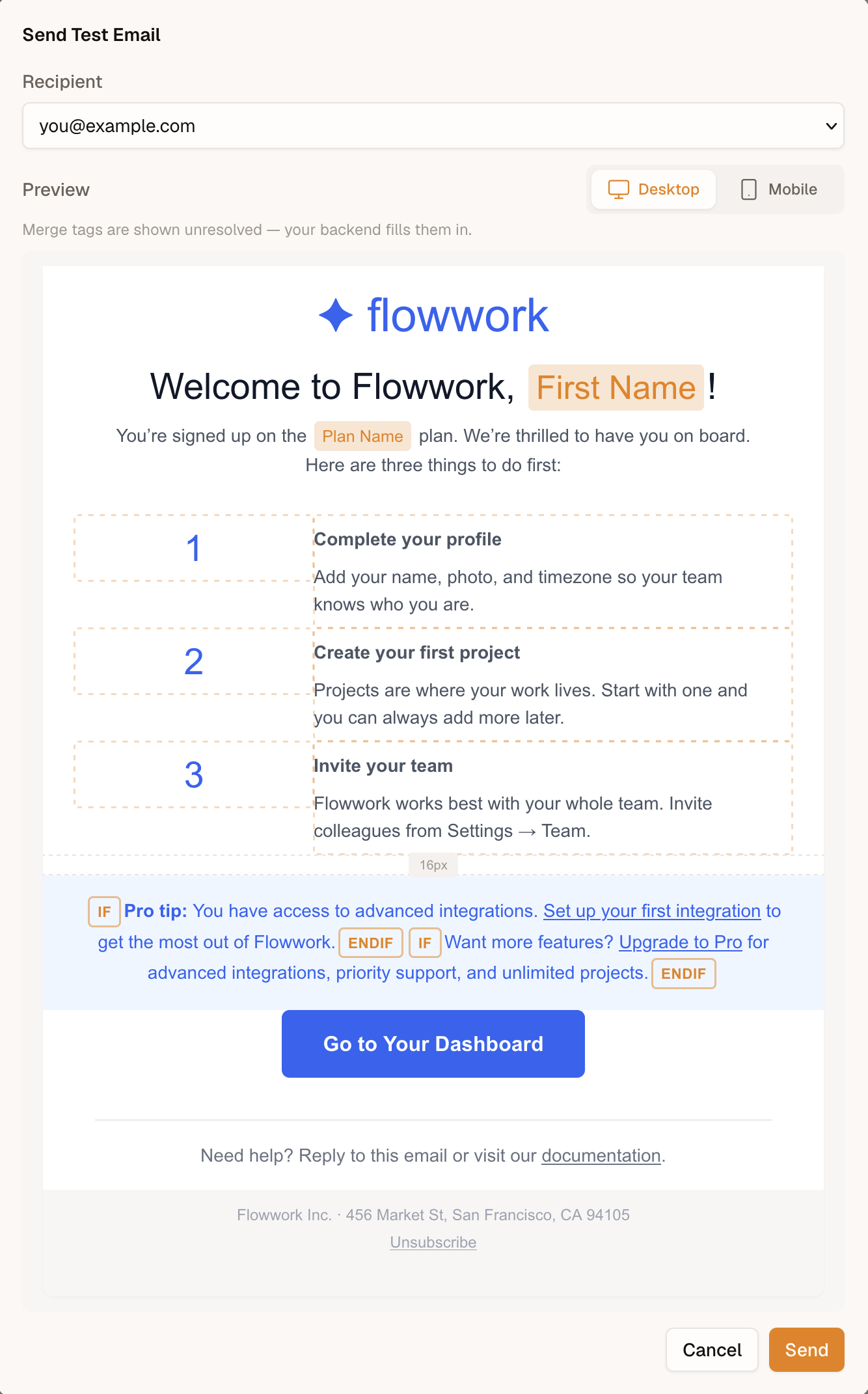 The Send Test Email dialog — a recipient picker above a chrome-free preview of the template with a Desktop / Mobile switch, and Cancel / Send at the bottom
